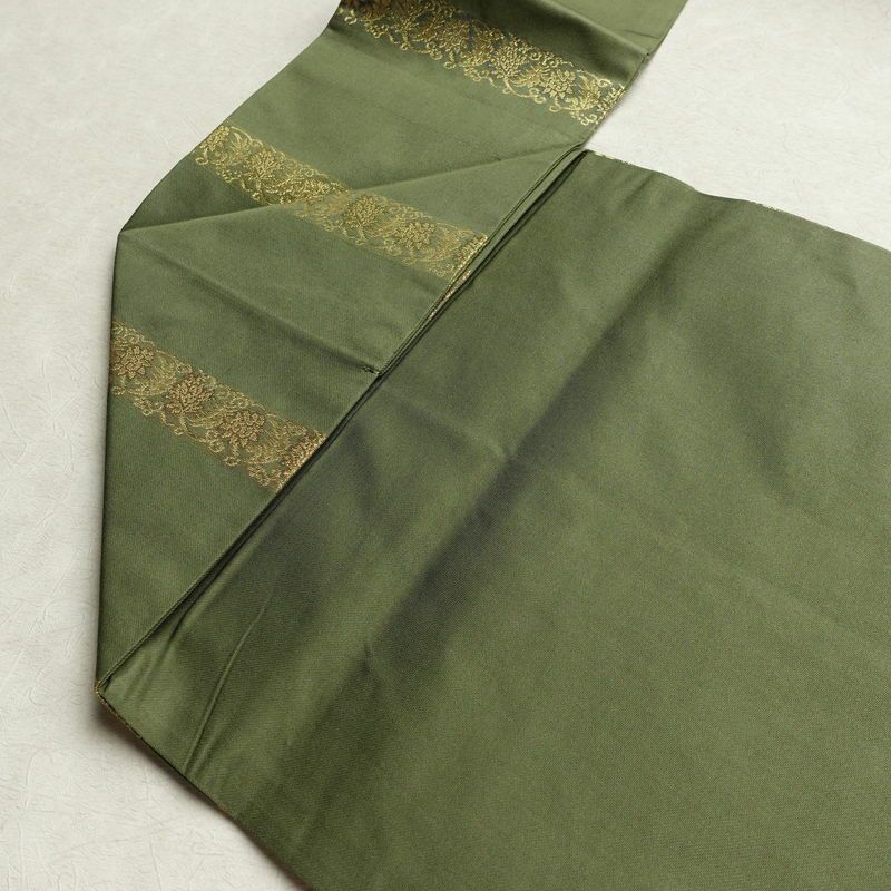 名古屋帯 六通柄 良品 正絹 縞柄・線柄 名古屋仕立て なごや帯 リサイクル帯 帯 箔 モダン 緑・うぐいす色_画像18