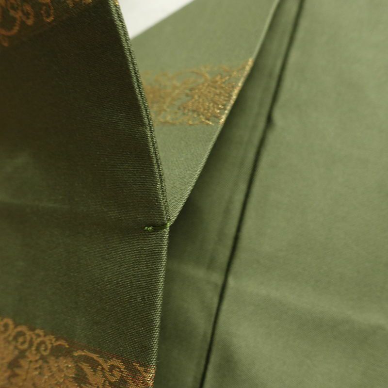 名古屋帯 六通柄 良品 正絹 縞柄・線柄 名古屋仕立て なごや帯 リサイクル帯 帯 箔 モダン 緑・うぐいす色_画像19