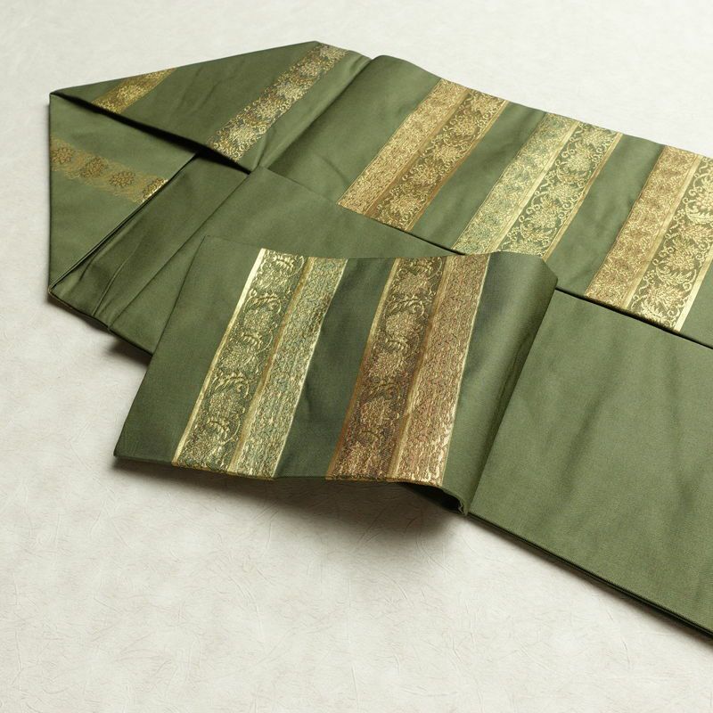 名古屋帯 六通柄 良品 正絹 縞柄・線柄 名古屋仕立て なごや帯 リサイクル帯 帯 箔 モダン 緑・うぐいす色_画像20