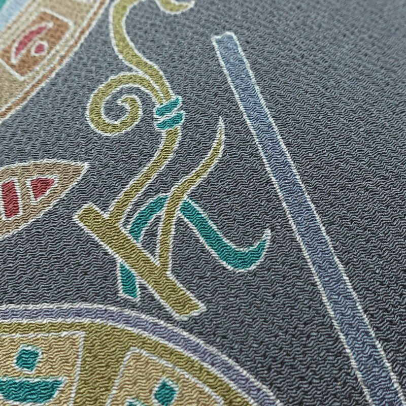 名古屋帯 全通柄 良品 縮緬 正絹 幾何学柄・抽象柄 名古屋仕立て なごや帯 リサイクル帯 くすみブルー 帯 青・紺_画像5