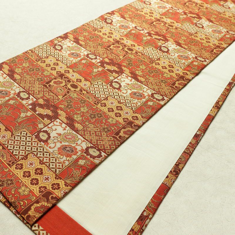 名古屋帯 全通柄 正絹 古典柄 通し仕立て なごや帯 リサイクル帯 帯 赤・朱_画像8
