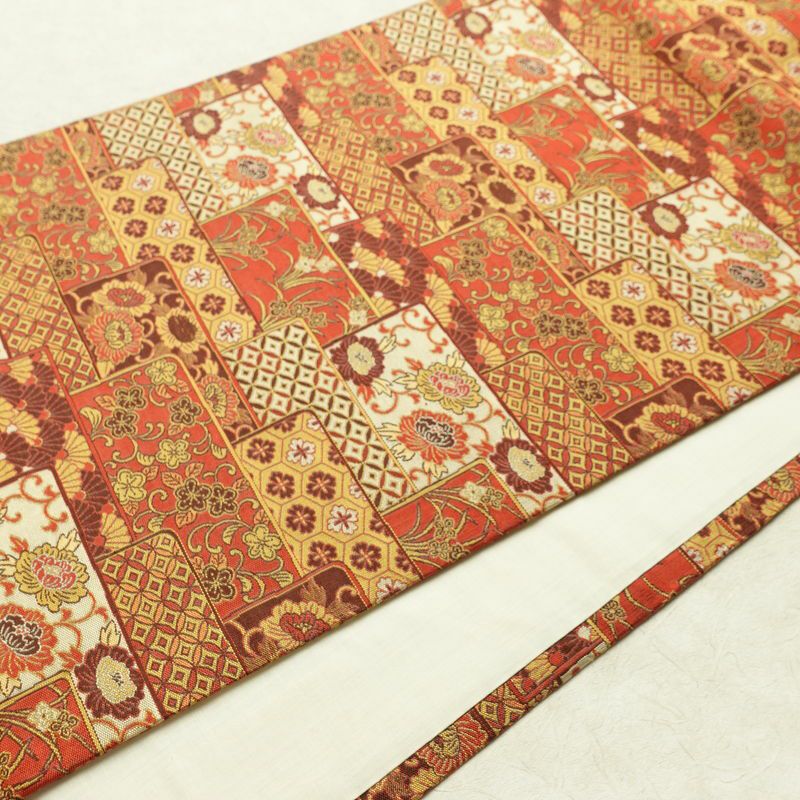 名古屋帯 全通柄 正絹 古典柄 通し仕立て なごや帯 リサイクル帯 帯 赤・朱_画像12