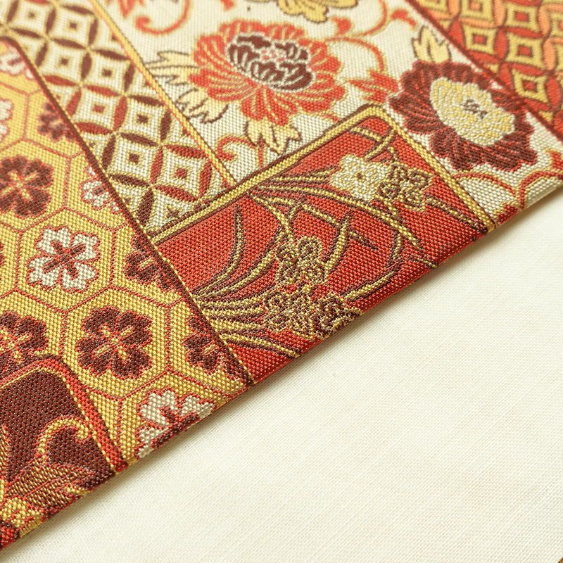 名古屋帯 全通柄 正絹 古典柄 通し仕立て なごや帯 リサイクル帯 帯 赤・朱_画像13