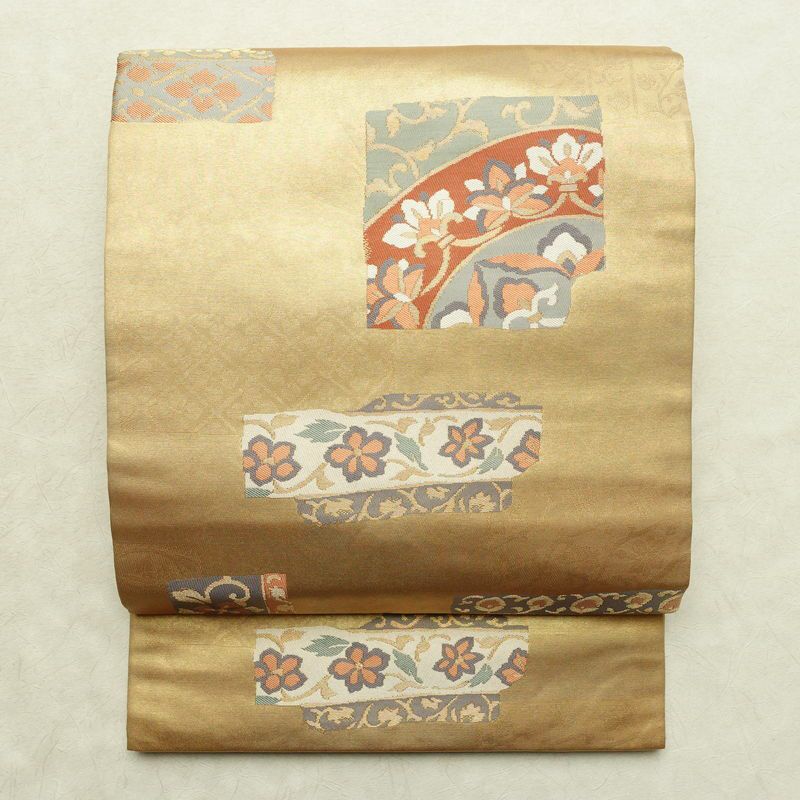 名古屋帯 葵箔錦織 六通柄 正絹 幾何学柄・抽象柄 通し仕立て なごや帯 リサイクル帯 帯 箔 金糸 金・銀_画像1