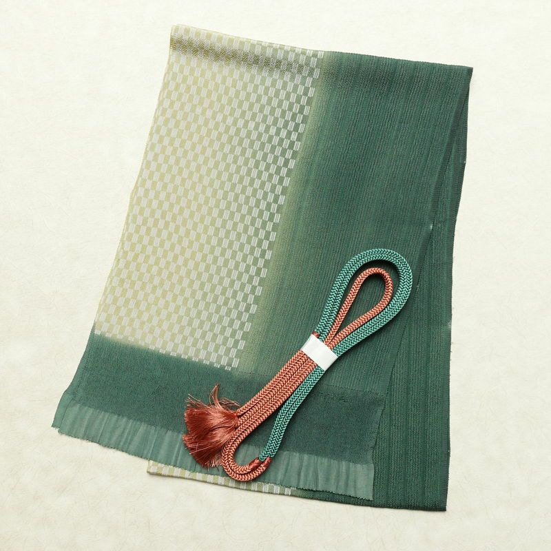 帯揚げ帯締めセット 美品 丹後ちりめん セット品 縮緬 正絹 チェック・格子柄 モダン 緑・うぐいす色_画像1
