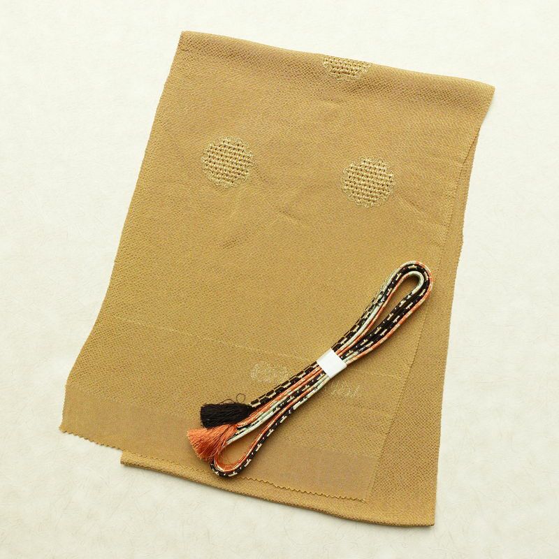 帯揚げ帯締めセット 縮緬 丹後ちりめん セット品 正絹 古典柄 刺繍 金糸 雪輪 黄・黄土色_画像1