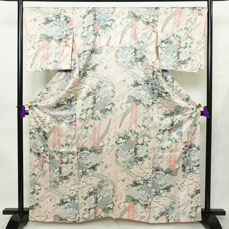 小紋 正絹 花柄 袷仕立て 身丈163cm 裄丈68.5cm リサイクル着物 着物 金彩 ピンク_画像1