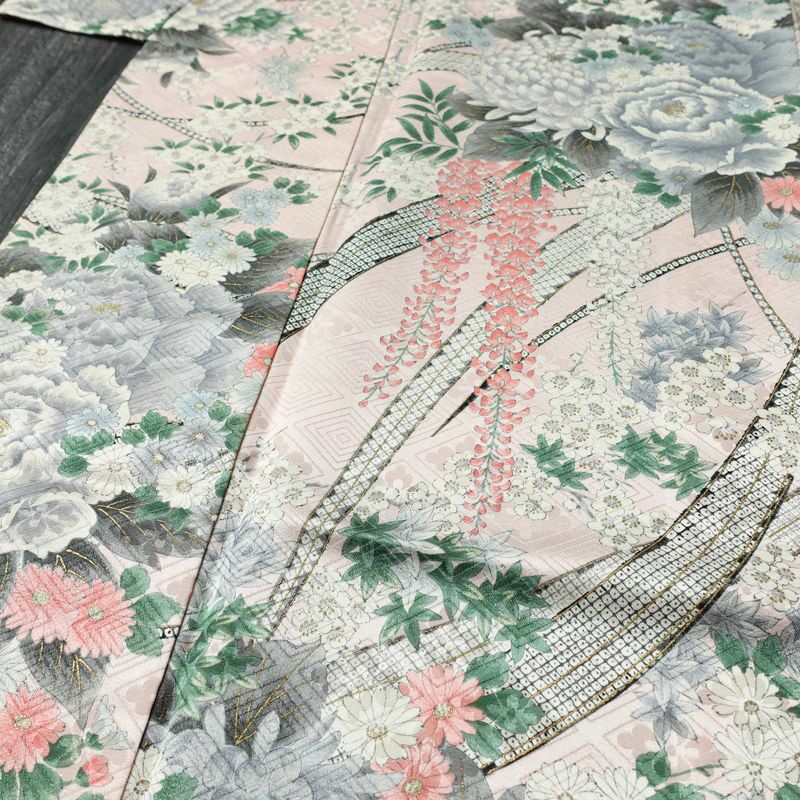 小紋 正絹 花柄 袷仕立て 身丈163cm 裄丈68.5cm リサイクル着物 着物 金彩 ピンク_画像5