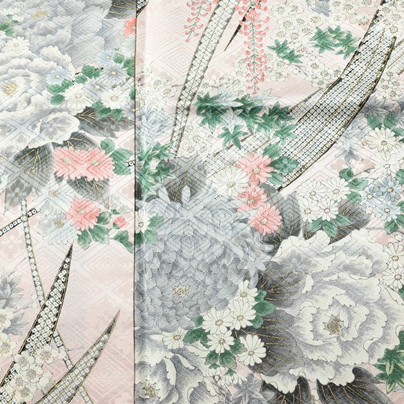 小紋 正絹 花柄 袷仕立て 身丈163cm 裄丈68.5cm リサイクル着物 着物 金彩 ピンク_画像6
