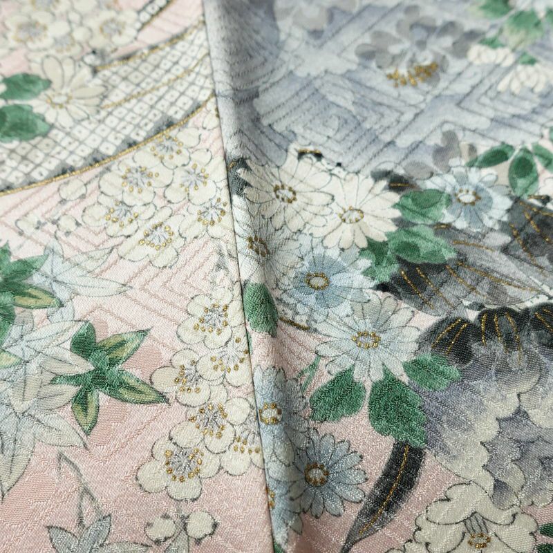 小紋 正絹 花柄 袷仕立て 身丈163cm 裄丈68.5cm リサイクル着物 着物 金彩 ピンク_画像11