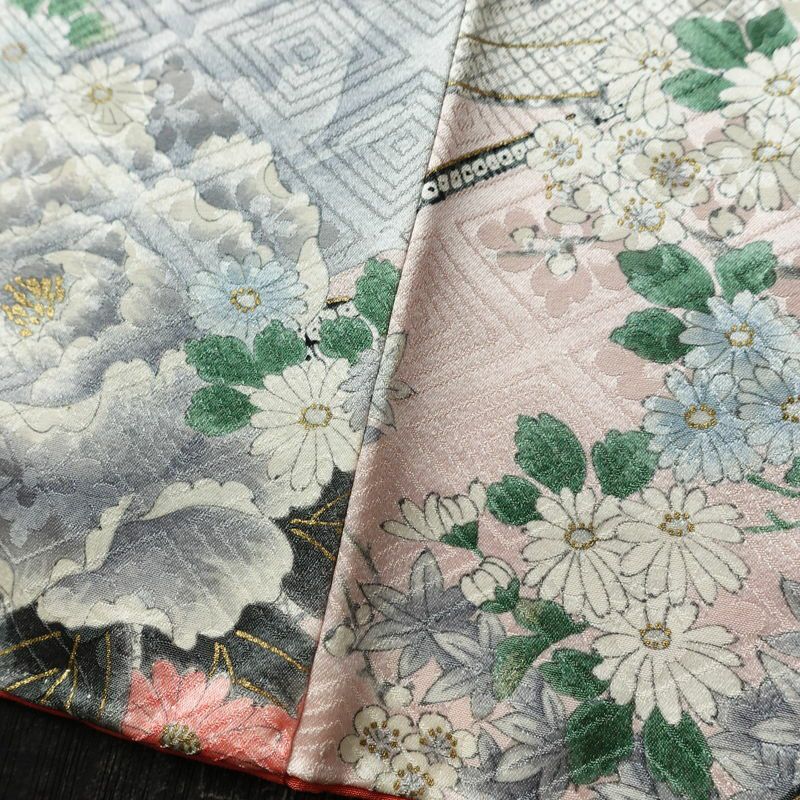 小紋 正絹 花柄 袷仕立て 身丈163cm 裄丈68.5cm リサイクル着物 着物 金彩 ピンク_画像12