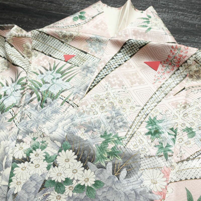 小紋 正絹 花柄 袷仕立て 身丈163cm 裄丈68.5cm リサイクル着物 着物 金彩 ピンク_画像16