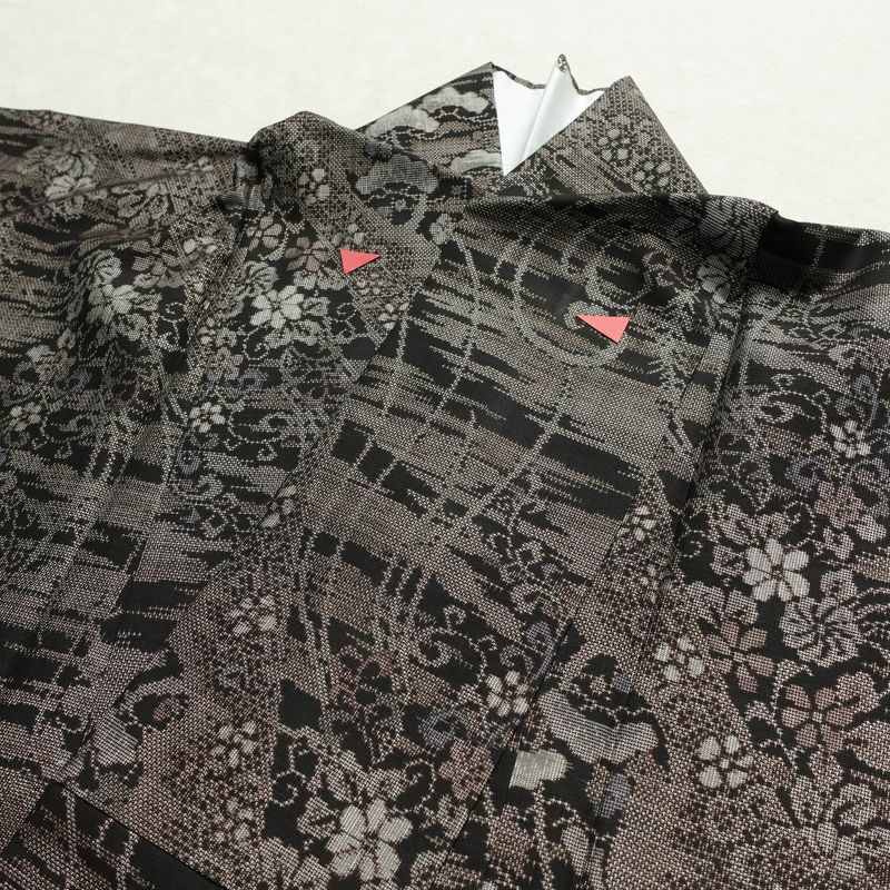 大島紬 正絹 木の葉・植物柄 袷仕立て 身丈154.5cm 裄丈62.5cm リサイクル着物 着物 松 茶_画像16