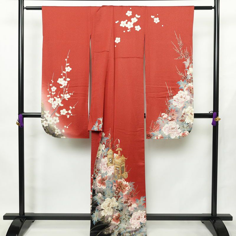振袖 正絹 古典柄 伊達衿付き 袷仕立て 身丈166cm 裄丈67cm リサイクル着物 着物 箔 金彩 成人式 二十歳 二十歳の集い 盛り上げ箔 梅 赤・朱_画像2