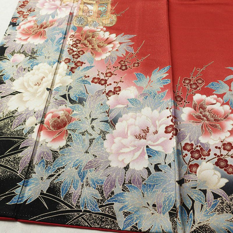 振袖 正絹 古典柄 伊達衿付き 袷仕立て 身丈166cm 裄丈67cm リサイクル着物 着物 箔 金彩 成人式 二十歳 二十歳の集い 盛り上げ箔 梅 赤・朱_画像5