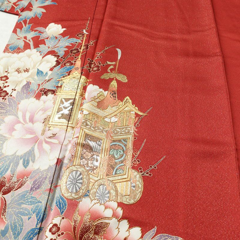 振袖 正絹 古典柄 伊達衿付き 袷仕立て 身丈166cm 裄丈67cm リサイクル着物 着物 箔 金彩 成人式 二十歳 二十歳の集い 盛り上げ箔 梅 赤・朱_画像6