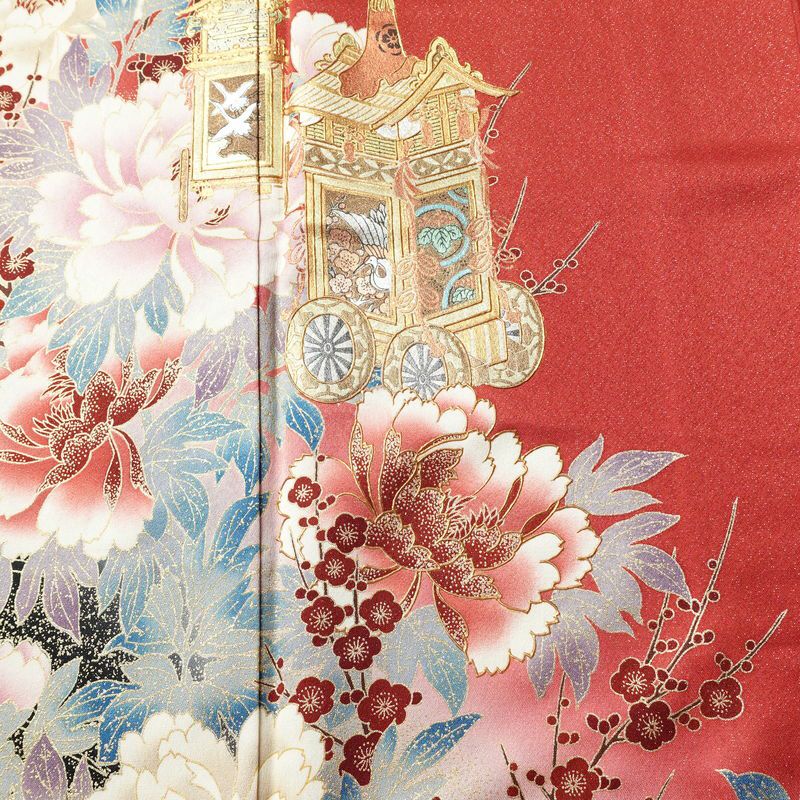 振袖 正絹 古典柄 伊達衿付き 袷仕立て 身丈166cm 裄丈67cm リサイクル着物 着物 箔 金彩 成人式 二十歳 二十歳の集い 盛り上げ箔 梅 赤・朱_画像7