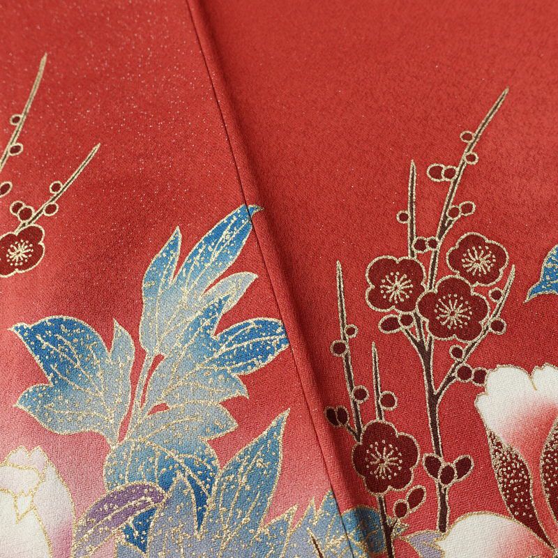 振袖 正絹 古典柄 伊達衿付き 袷仕立て 身丈166cm 裄丈67cm リサイクル着物 着物 箔 金彩 成人式 二十歳 二十歳の集い 盛り上げ箔 梅 赤・朱_画像12