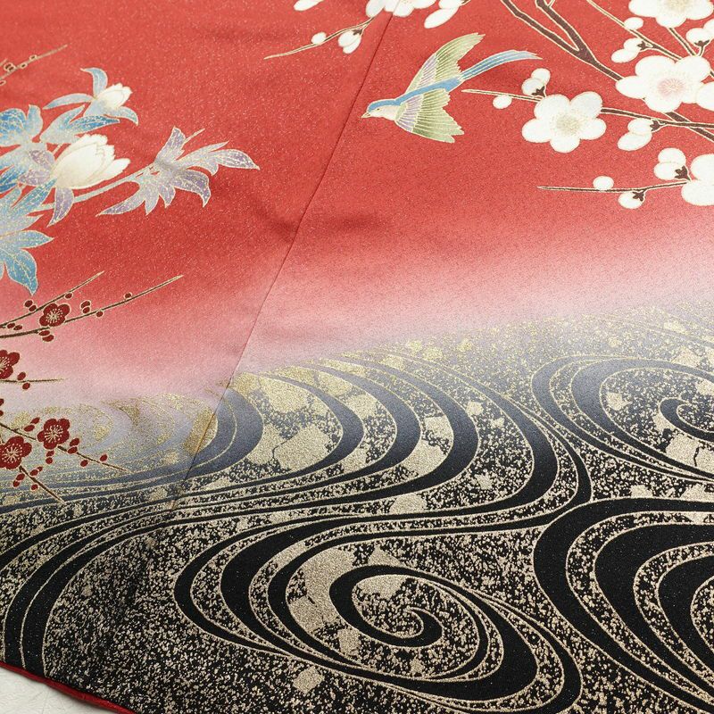 振袖 正絹 古典柄 伊達衿付き 袷仕立て 身丈166cm 裄丈67cm リサイクル着物 着物 箔 金彩 成人式 二十歳 二十歳の集い 盛り上げ箔 梅 赤・朱_画像13