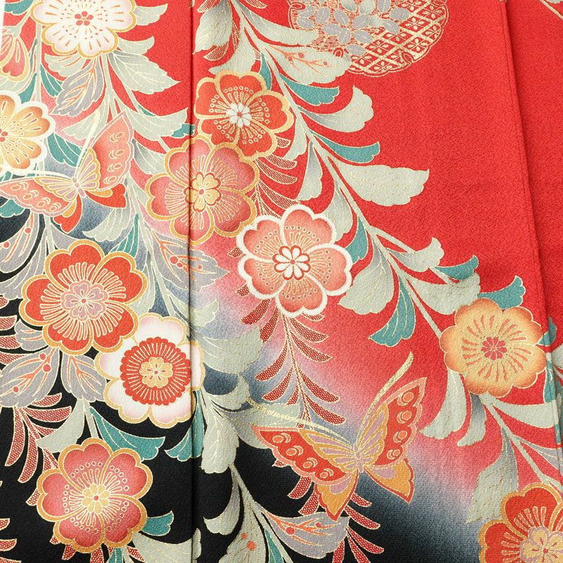 振袖 正絹 花柄 袷仕立て 身丈164cm 裄丈65.5cm リサイクル着物 着物 箔 金彩 成人式 二十歳 二十歳の集い 赤・朱_画像6