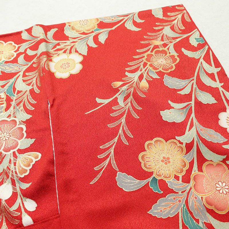 振袖 正絹 花柄 袷仕立て 身丈164cm 裄丈65.5cm リサイクル着物 着物 箔 金彩 成人式 二十歳 二十歳の集い 赤・朱_画像14