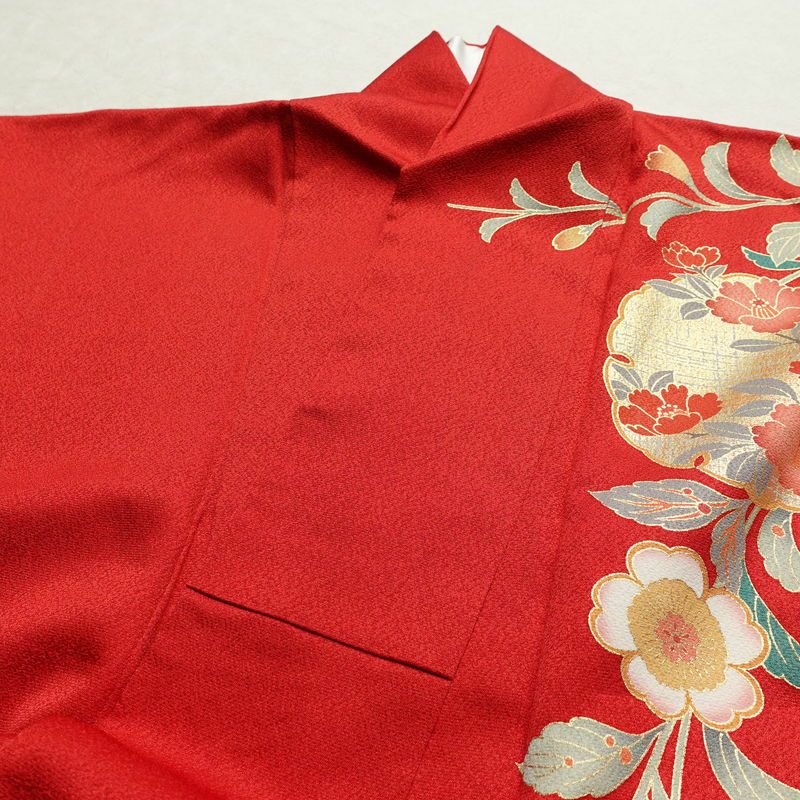 振袖 正絹 花柄 袷仕立て 身丈164cm 裄丈65.5cm リサイクル着物 着物 箔 金彩 成人式 二十歳 二十歳の集い 赤・朱_画像16