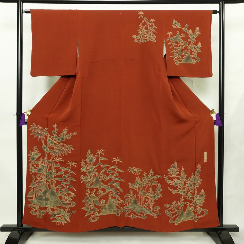 付け下げ 宮内庁御用達 赤城右堂 落款入り 縮緬 一つ紋付き 正絹 風景柄 袷仕立て 身丈156cm 裄丈64cm リサイクル着物 着物 モダン 茶_画像1