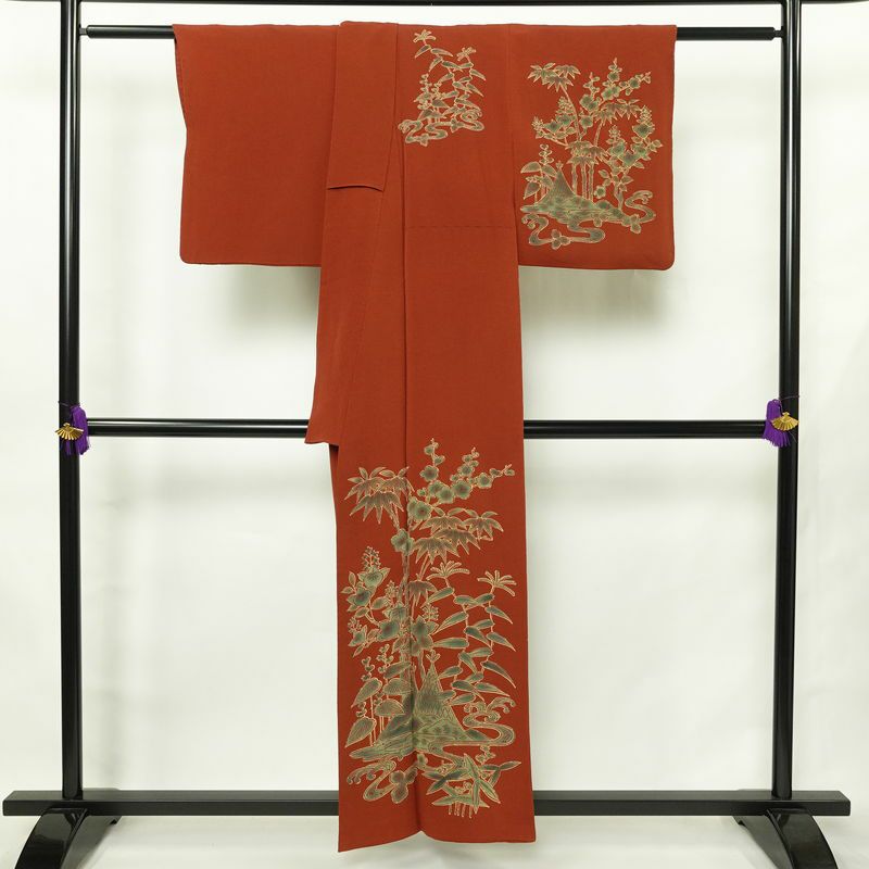 付け下げ 宮内庁御用達 赤城右堂 落款入り 縮緬 一つ紋付き 正絹 風景柄 袷仕立て 身丈156cm 裄丈64cm リサイクル着物 着物 モダン 茶_画像2