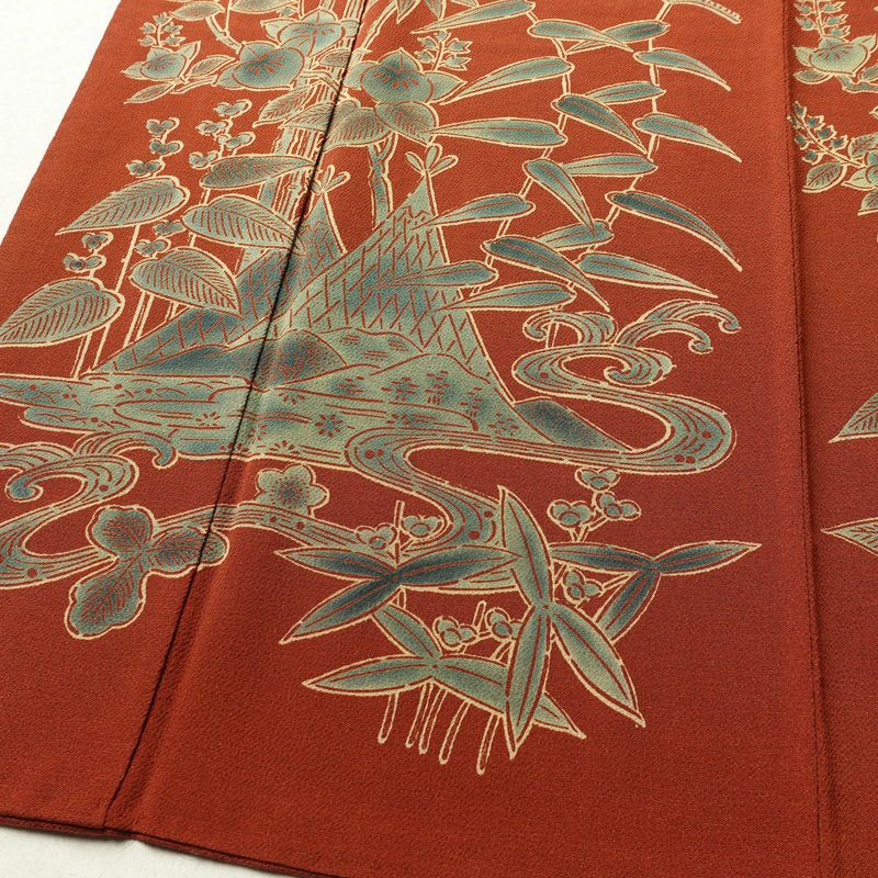 付け下げ 宮内庁御用達 赤城右堂 落款入り 縮緬 一つ紋付き 正絹 風景柄 袷仕立て 身丈156cm 裄丈64cm リサイクル着物 着物 モダン 茶_画像4