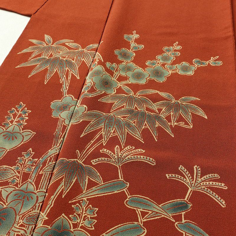 付け下げ 宮内庁御用達 赤城右堂 落款入り 縮緬 一つ紋付き 正絹 風景柄 袷仕立て 身丈156cm 裄丈64cm リサイクル着物 着物 モダン 茶_画像5