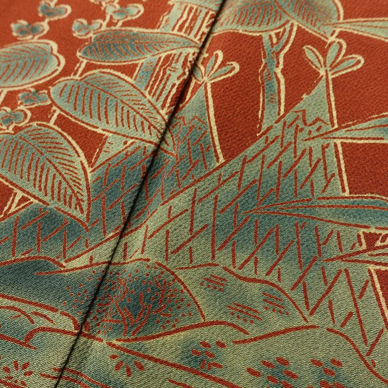 付け下げ 宮内庁御用達 赤城右堂 落款入り 縮緬 一つ紋付き 正絹 風景柄 袷仕立て 身丈156cm 裄丈64cm リサイクル着物 着物 モダン 茶_画像10