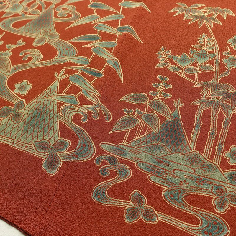 付け下げ 宮内庁御用達 赤城右堂 落款入り 縮緬 一つ紋付き 正絹 風景柄 袷仕立て 身丈156cm 裄丈64cm リサイクル着物 着物 モダン 茶_画像11