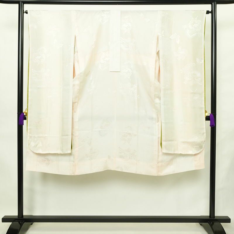 長襦袢 良品 振袖用 正絹 古典柄 袖無双・胴抜き 身丈124cm 裄丈65cm 蝶 リサイクル着物 ピンク_画像1