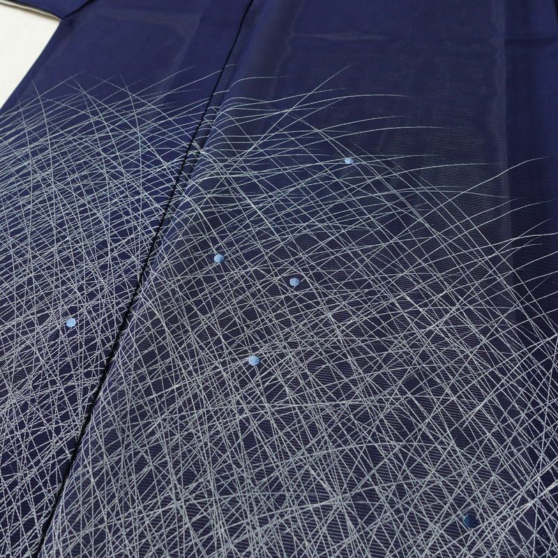 盛夏 付け下げ 絽 良品 しつけ糸付き 夏用 正絹 木の葉・植物柄 単衣仕立て 身丈163cm 裄丈68.5cm リサイクル着物 付下 着物 刺繍 薄物 青・紺_画像5