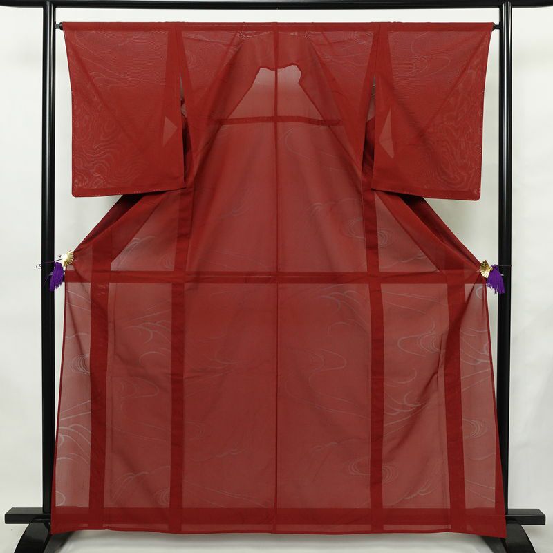 盛夏 紗 しつけ糸付き 正絹 流水・波柄 単衣仕立て 身丈163.5cm 裄丈65.5cm リサイクル着物 着物 薄物 赤・朱_画像1