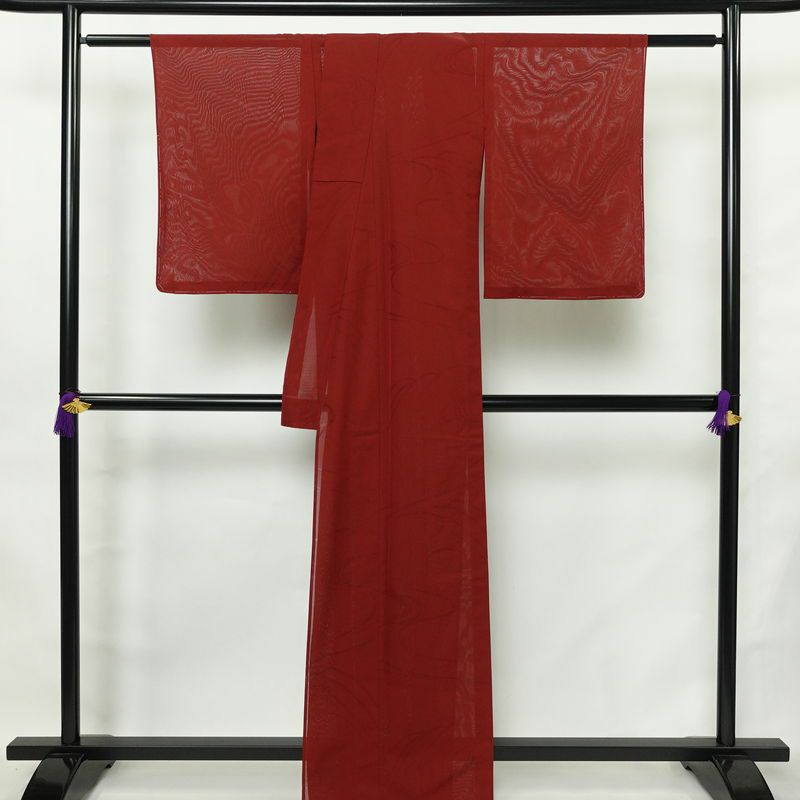 盛夏 紗 しつけ糸付き 正絹 流水・波柄 単衣仕立て 身丈163.5cm 裄丈65.5cm リサイクル着物 着物 薄物 赤・朱_画像2