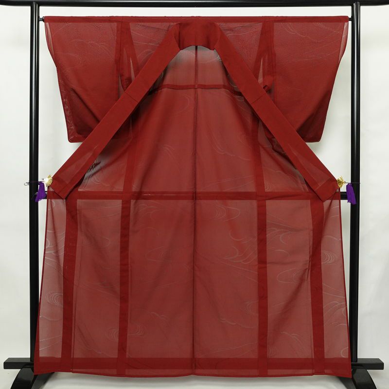 盛夏 紗 しつけ糸付き 正絹 流水・波柄 単衣仕立て 身丈163.5cm 裄丈65.5cm リサイクル着物 着物 薄物 赤・朱_画像3