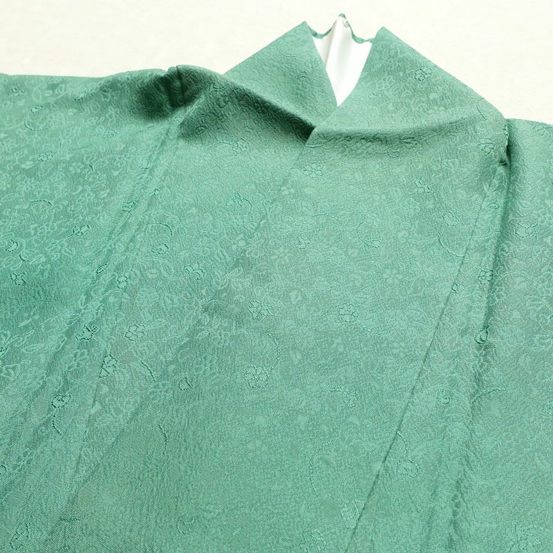 色無地 しつけ糸付き 正絹 木の葉・植物柄 袷仕立て 身丈167.5cm 裄丈67.5cm リサイクル着物 着物 緑・うぐいす色_画像17