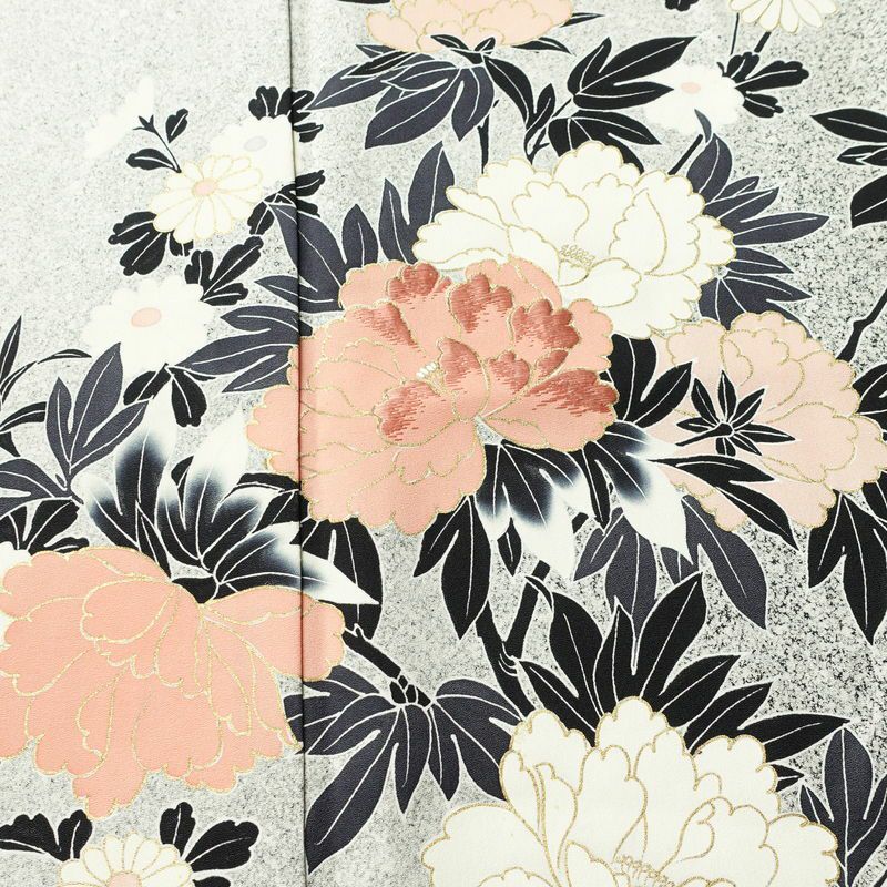 訪問着 一つ紋付き 正絹 花柄 袷仕立て 身丈167cm 裄丈66cm リサイクル着物 着物 刺繍 箔 共八掛 金彩 芍薬 菊 グレー_画像5