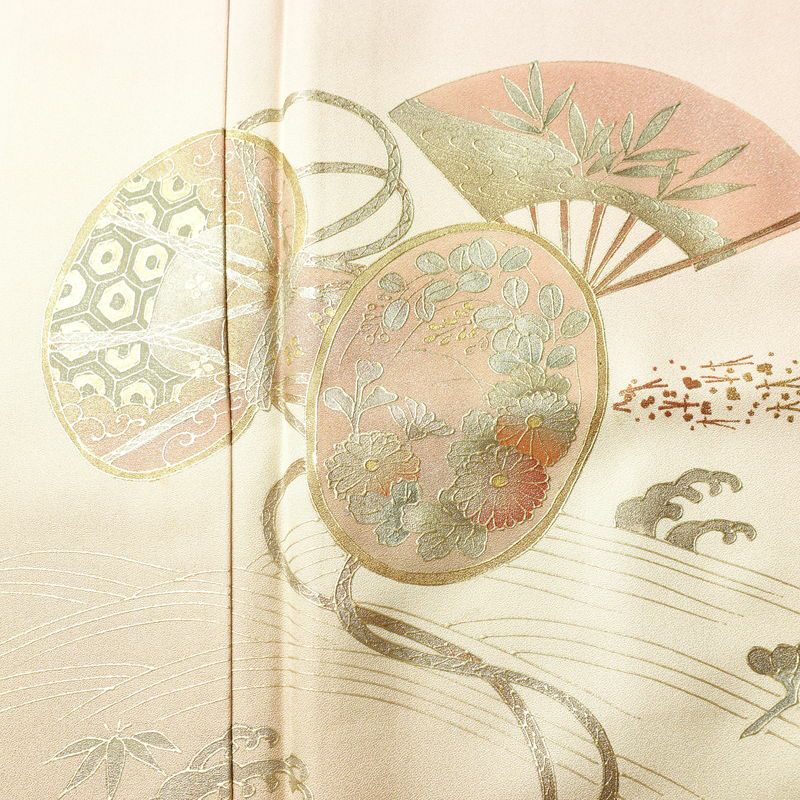 付け下げ 正絹 古典柄 袷仕立て 身丈160cm 裄丈67.5cm リサイクル着物 着物 鼓 箔 金彩 扇子 ピンク_画像6