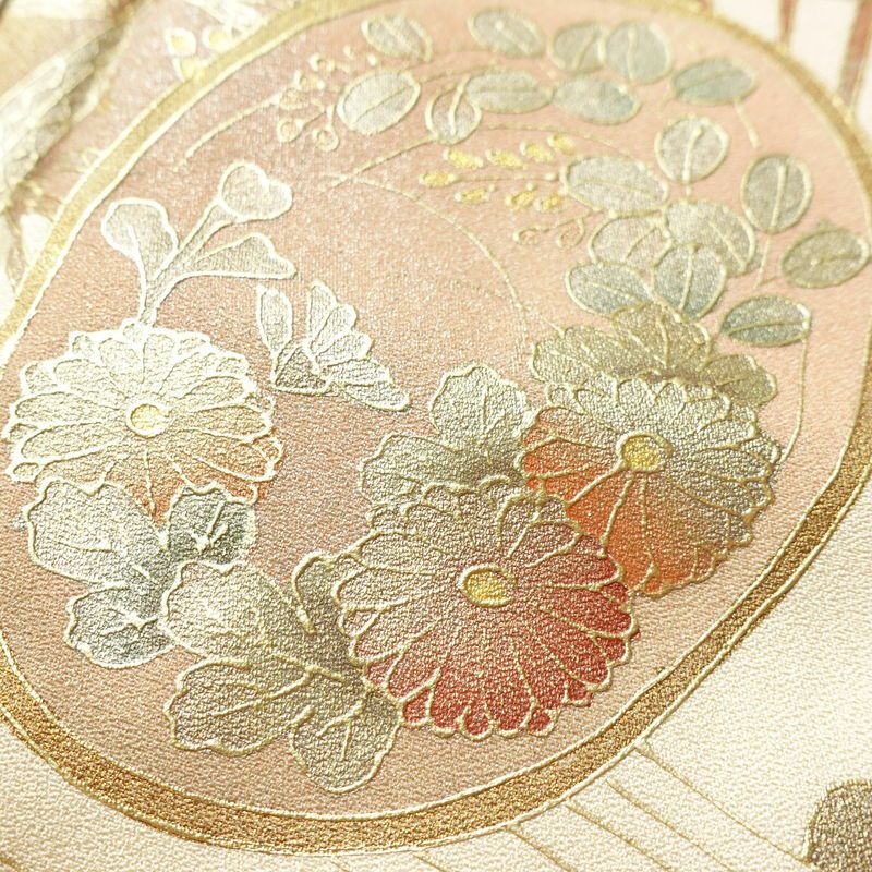 付け下げ 正絹 古典柄 袷仕立て 身丈160cm 裄丈67.5cm リサイクル着物 着物 鼓 箔 金彩 扇子 ピンク_画像7