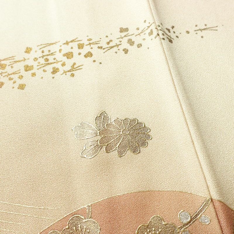 付け下げ 正絹 古典柄 袷仕立て 身丈160cm 裄丈67.5cm リサイクル着物 着物 鼓 箔 金彩 扇子 ピンク_画像10