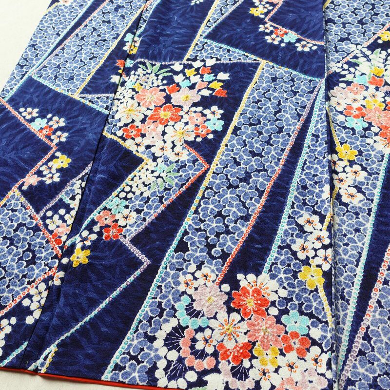 小紋 伊達衿付き 絞り 正絹 花柄 袷仕立て 身丈162cm 裄丈67.5cm リサイクル着物 着物 青・紺_画像4