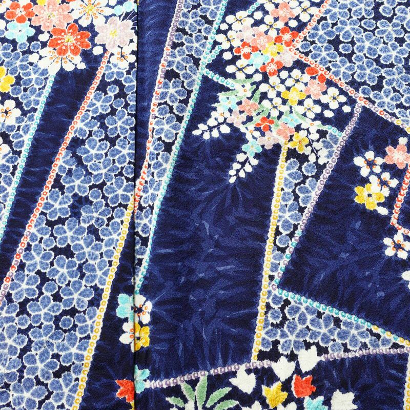 小紋 伊達衿付き 絞り 正絹 花柄 袷仕立て 身丈162cm 裄丈67.5cm リサイクル着物 着物 青・紺_画像6