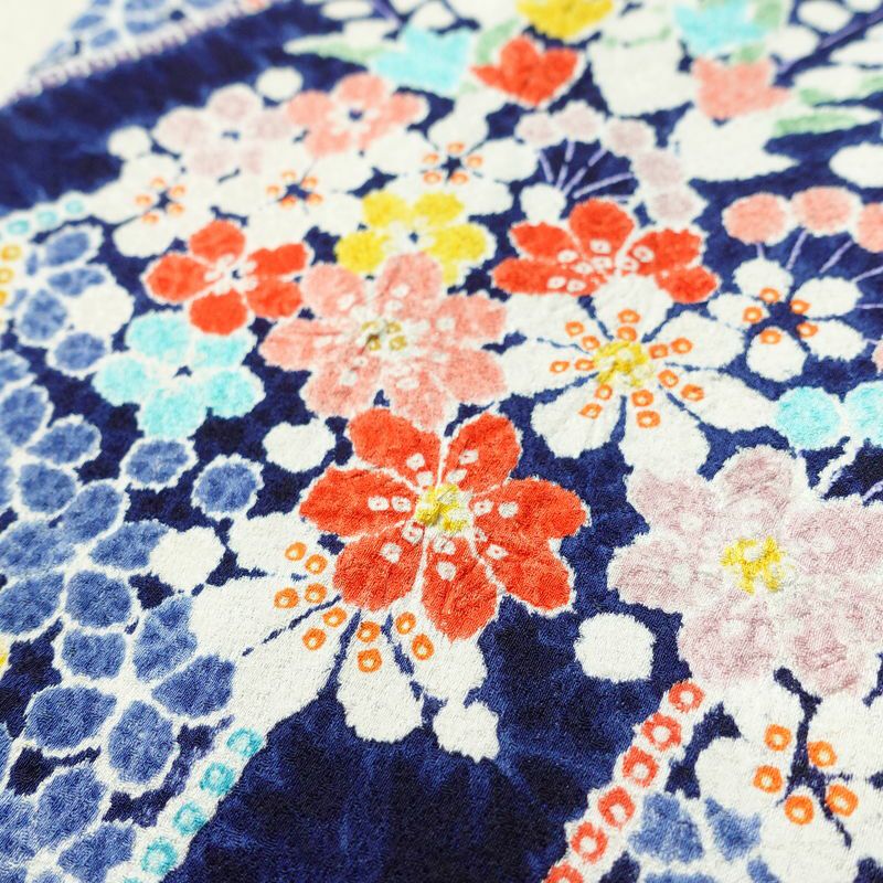 小紋 伊達衿付き 絞り 正絹 花柄 袷仕立て 身丈162cm 裄丈67.5cm リサイクル着物 着物 青・紺_画像8