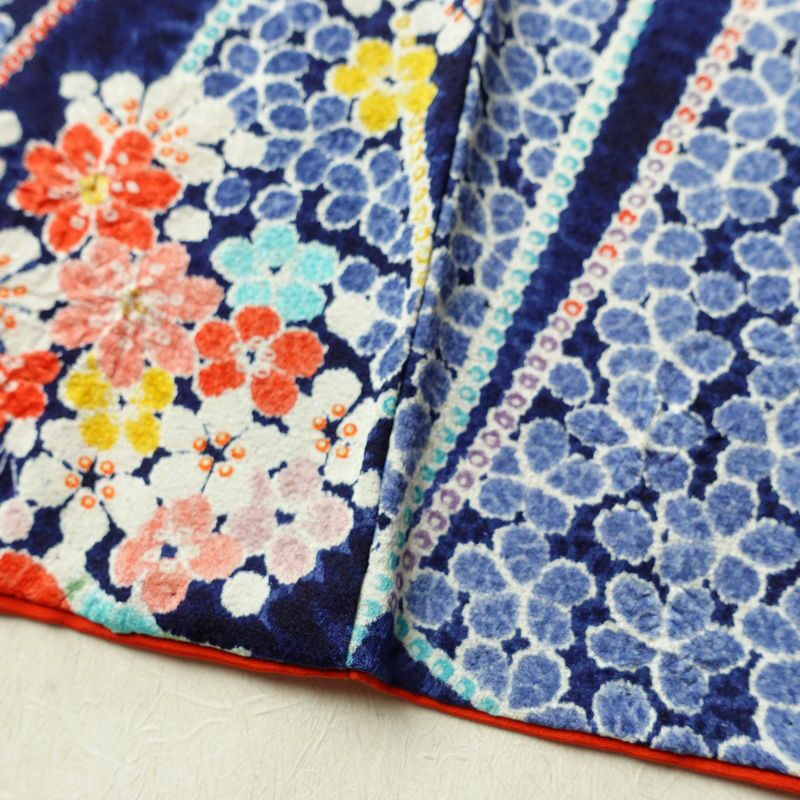 小紋 伊達衿付き 絞り 正絹 花柄 袷仕立て 身丈162cm 裄丈67.5cm リサイクル着物 着物 青・紺_画像11