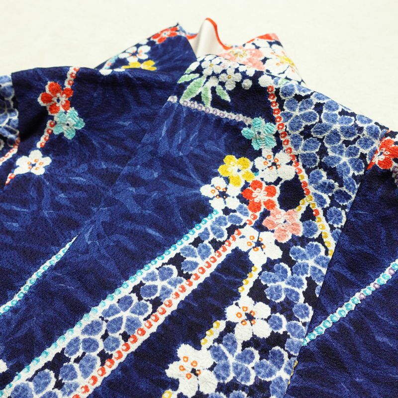 小紋 伊達衿付き 絞り 正絹 花柄 袷仕立て 身丈162cm 裄丈67.5cm リサイクル着物 着物 青・紺_画像16