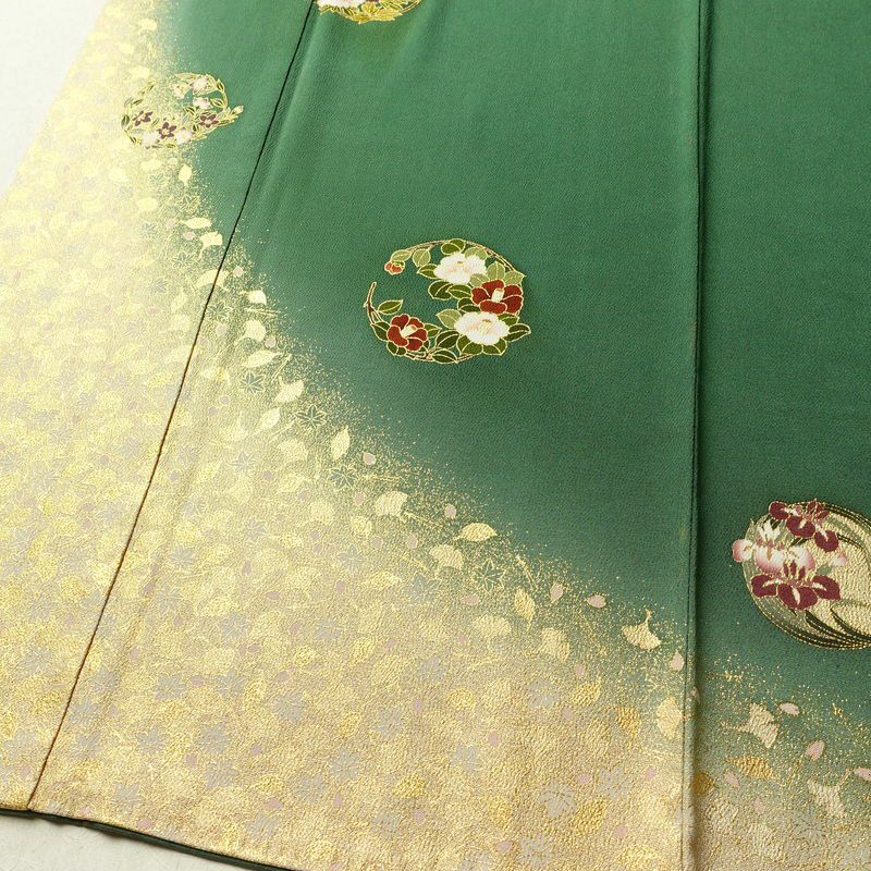 色留袖 松尾光琳 落款入り 縮緬 一つ紋付き 正絹 木の葉・植物柄 袷仕立て 身丈170cm 裄丈69.5cm リサイクル着物 着物 箔 共八掛 金彩 緑・うぐいす色_画像4