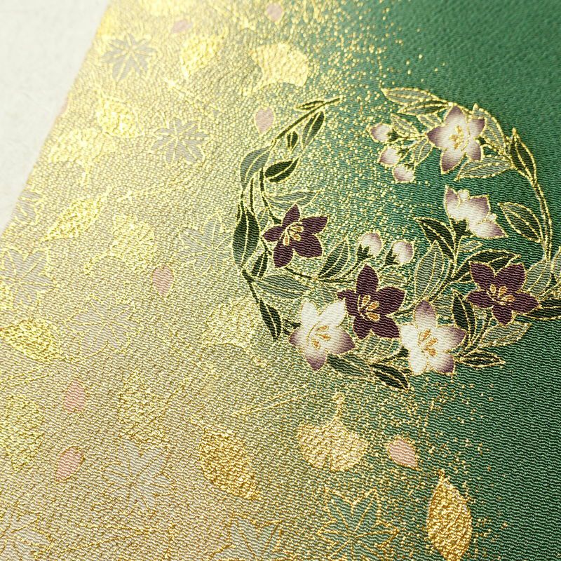 色留袖 松尾光琳 落款入り 縮緬 一つ紋付き 正絹 木の葉・植物柄 袷仕立て 身丈170cm 裄丈69.5cm リサイクル着物 着物 箔 共八掛 金彩 緑・うぐいす色_画像8