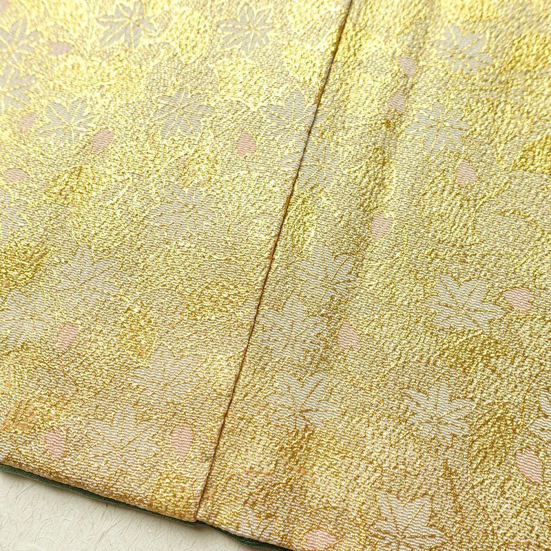 色留袖 松尾光琳 落款入り 縮緬 一つ紋付き 正絹 木の葉・植物柄 袷仕立て 身丈170cm 裄丈69.5cm リサイクル着物 着物 箔 共八掛 金彩 緑・うぐいす色_画像11